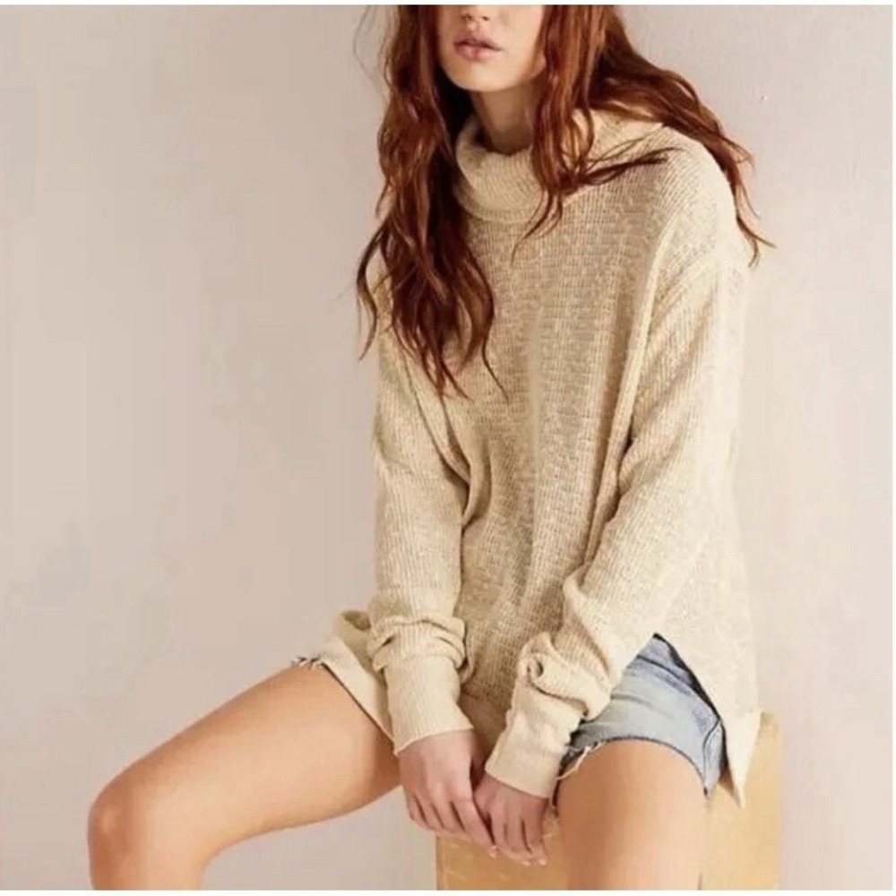 Free People Oversized‎ Tommy Turtleneck Sweater Womens XS Sand Boho